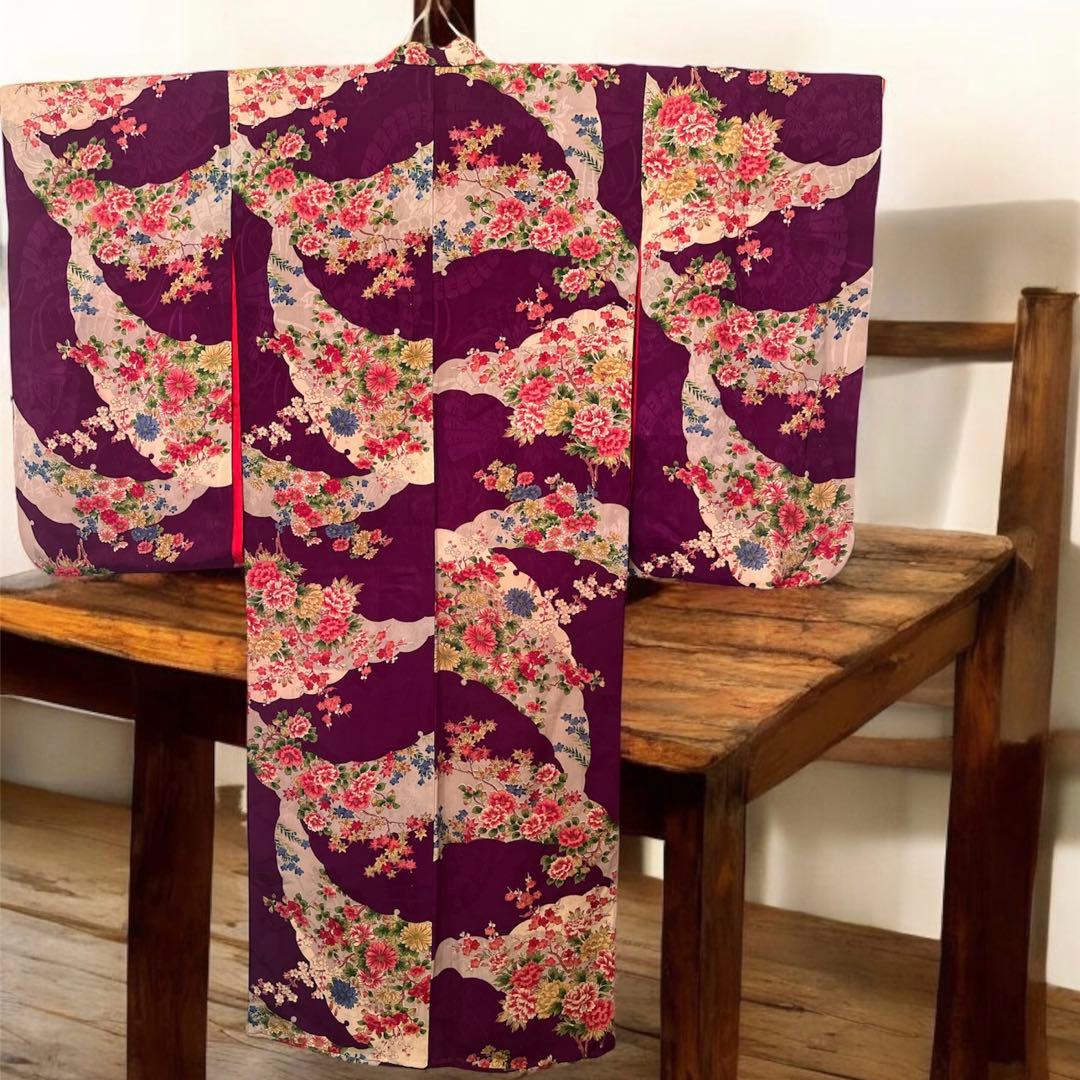 1点もの　大正ロマン　アンティーク着物　七五三　紫　花尽くし