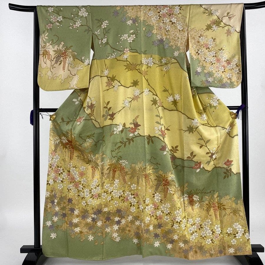 藤井寛 若草色豪華総柄桜紅葉藤 訪問着 比翼付き
