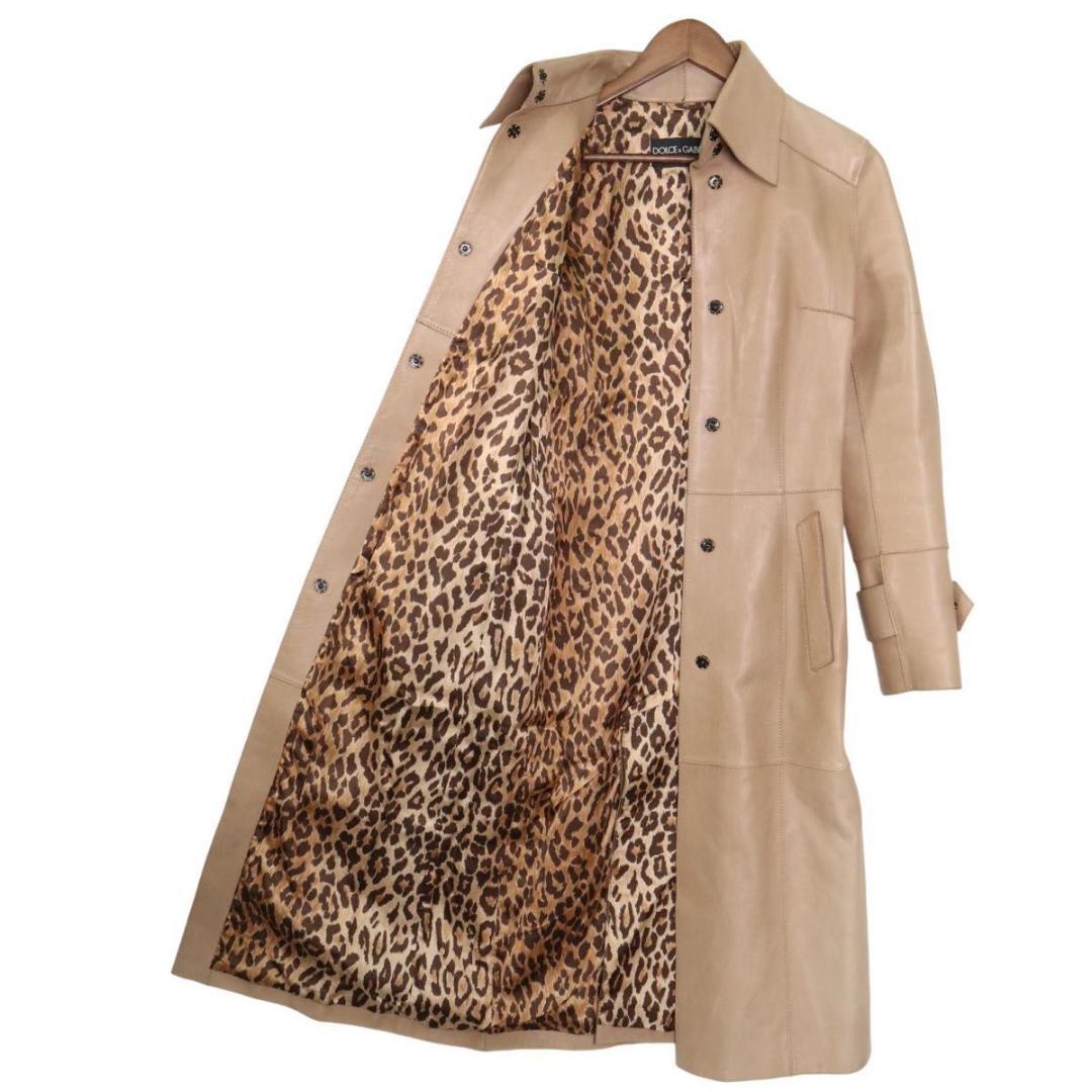 【高級】D&G レザーコート　カーフレザー　ロング丈　レオパード　38　ベージュ