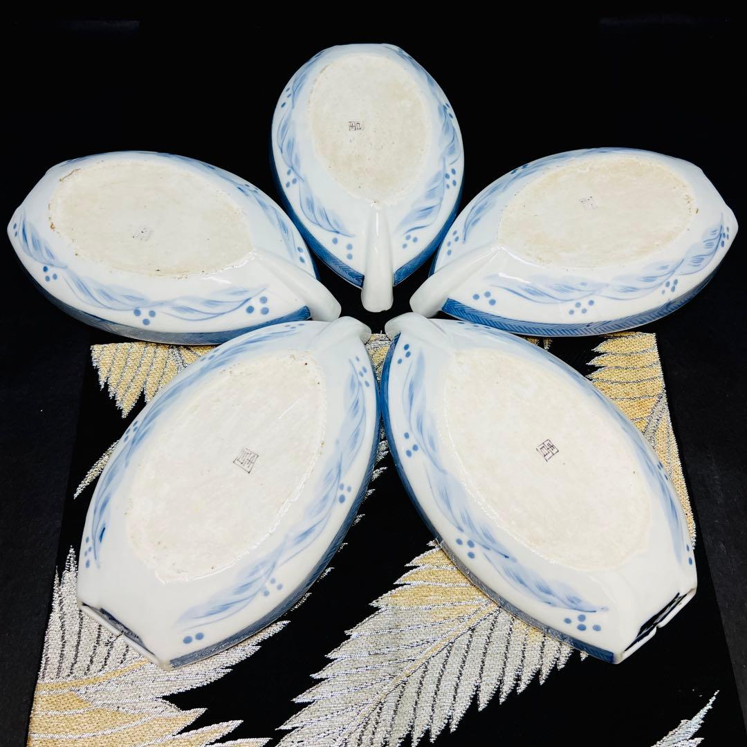希少品　有田焼　古伊万里　染錦手　献上手川に鴛鴦花絵皿　宝舟型皿　5枚　明治江戸