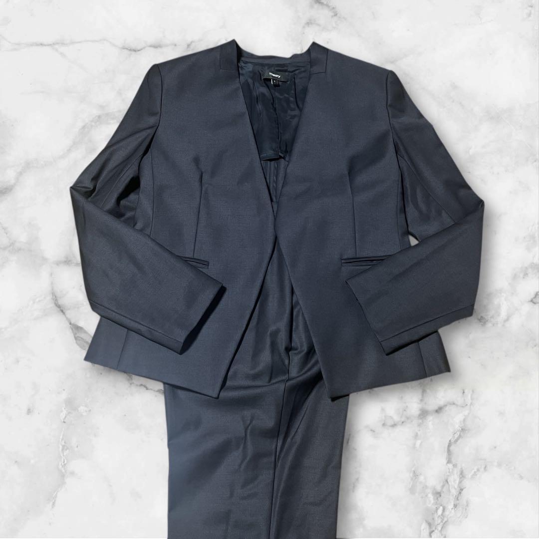 現行タグ Theory ノーカラー スーツセットアップ 2ピース ネイビー ２