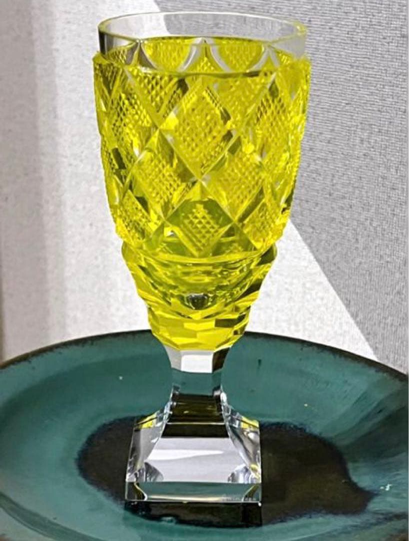 [希少/新品未使用] 復刻薩摩切子・脚付杯/希少黄色 カメイガラスLサイズ