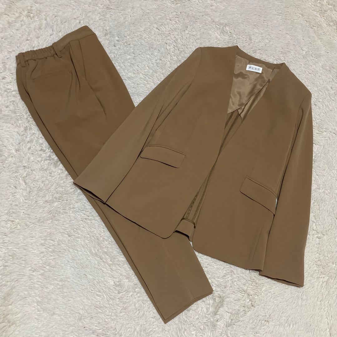 PLST【美品】ベージュ ストレッチ ノーカラー ジャケット パンツ