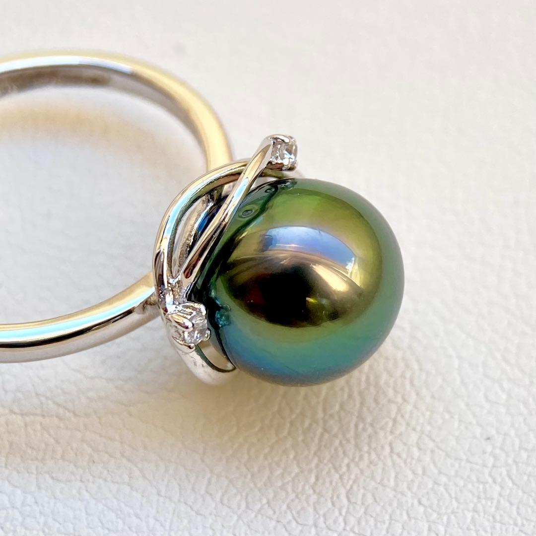 本真珠南洋黒蝶真珠ピーコックグリーン無調9.9㍉s925リングY1046