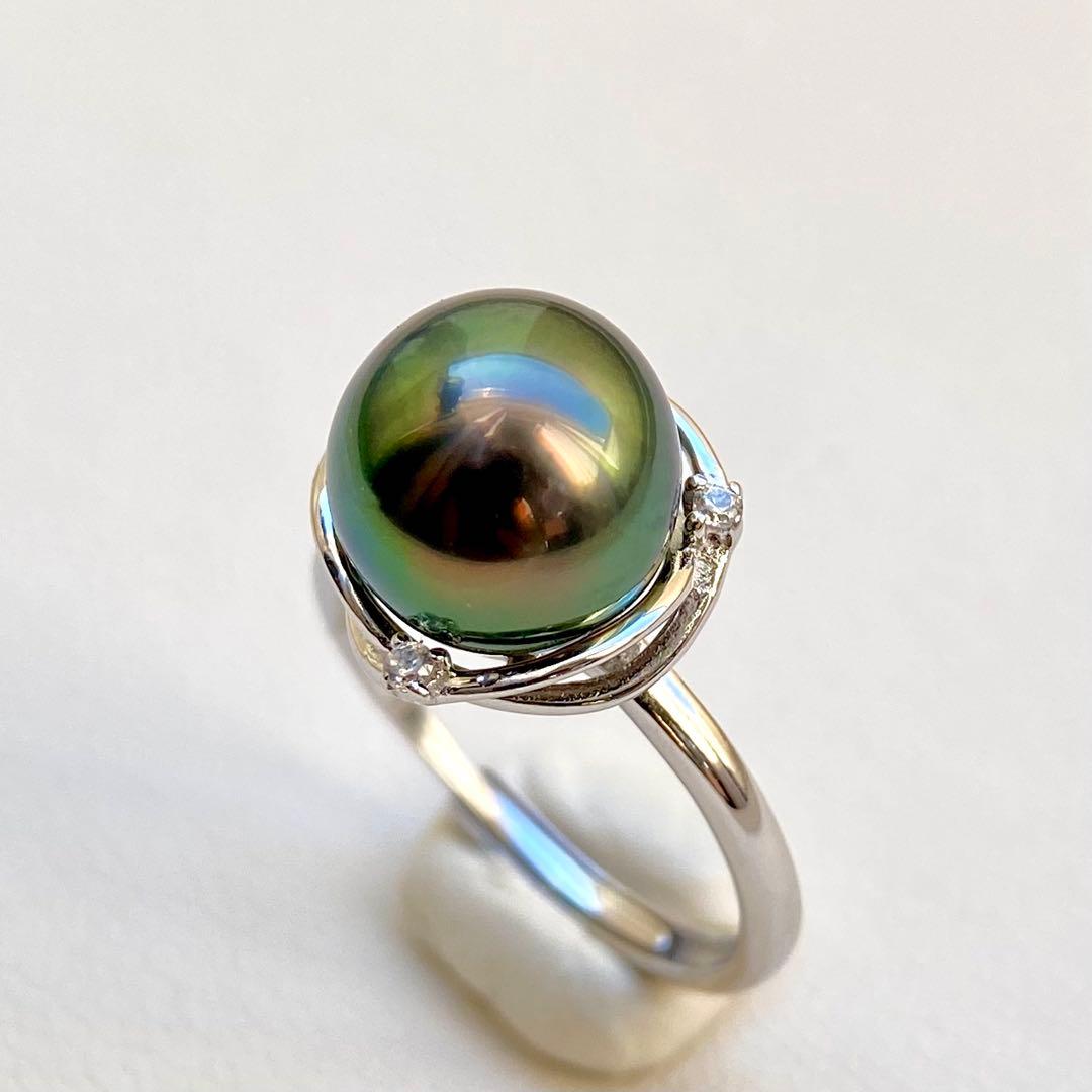 本真珠南洋黒蝶真珠ピーコックグリーン無調9.9㍉s925リングY1046