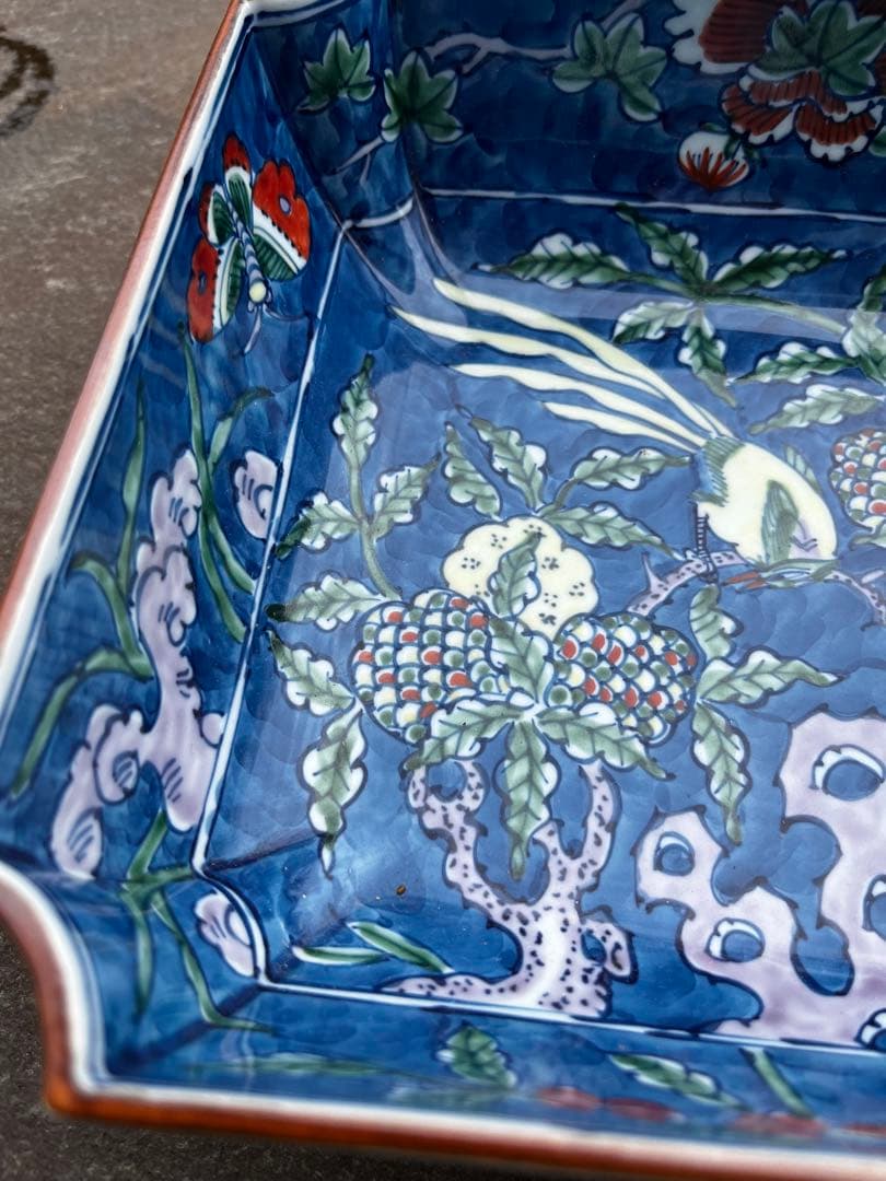 有田　源右衛門　古伊万里　舘林源右衛門作　染錦古代花鳥文　角菓子鉢　アンティーク