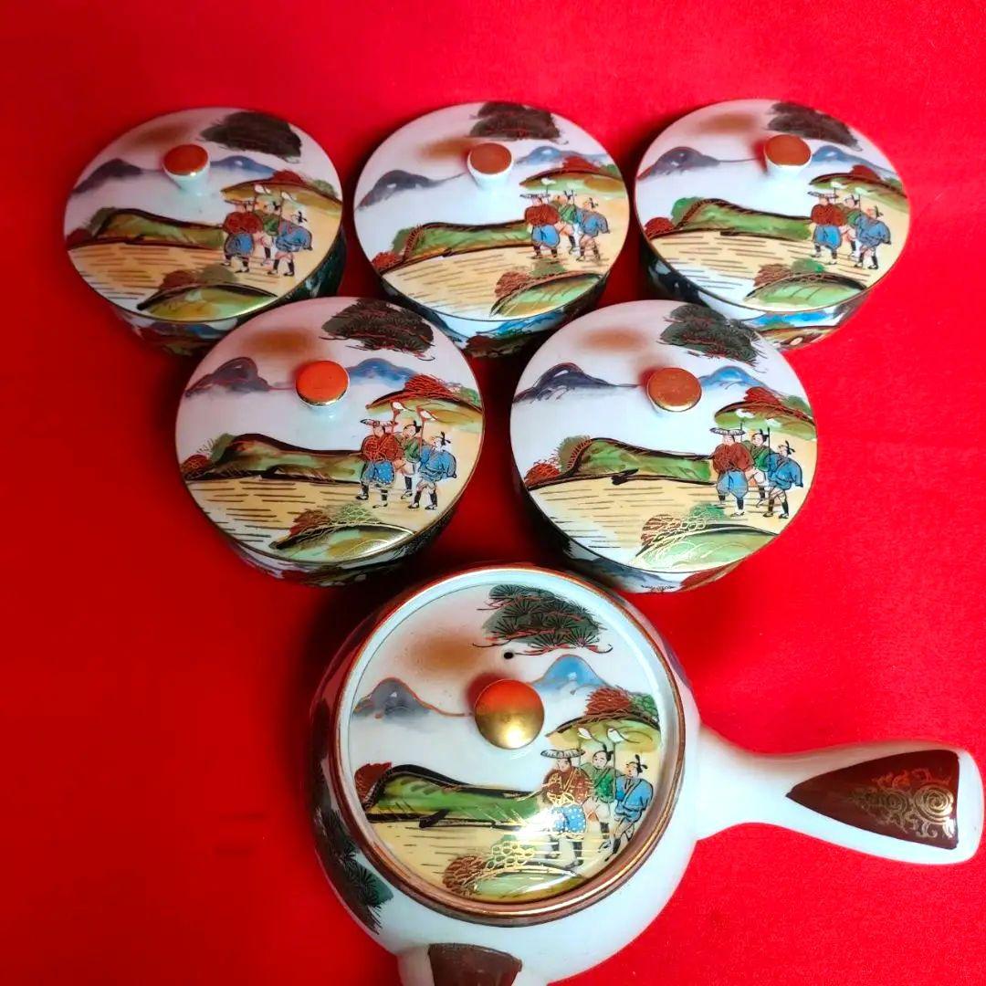 九谷焼 旭山 手描き 渦巻き赤絵 茶器揃 大正〜昭和初期 アンティーク 骨董品