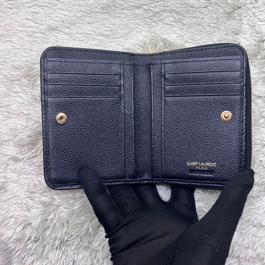 美品✨ サンローラン 二つ折り財布 カサンドラ キャビアスキンYSL Vステッチ