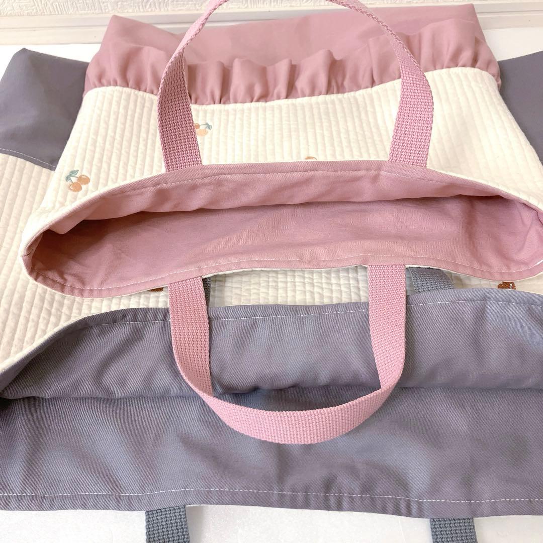 レッスンバッグ お布団バッグ　ヌビ　さくらんぼ刺繍　ハート刺繍