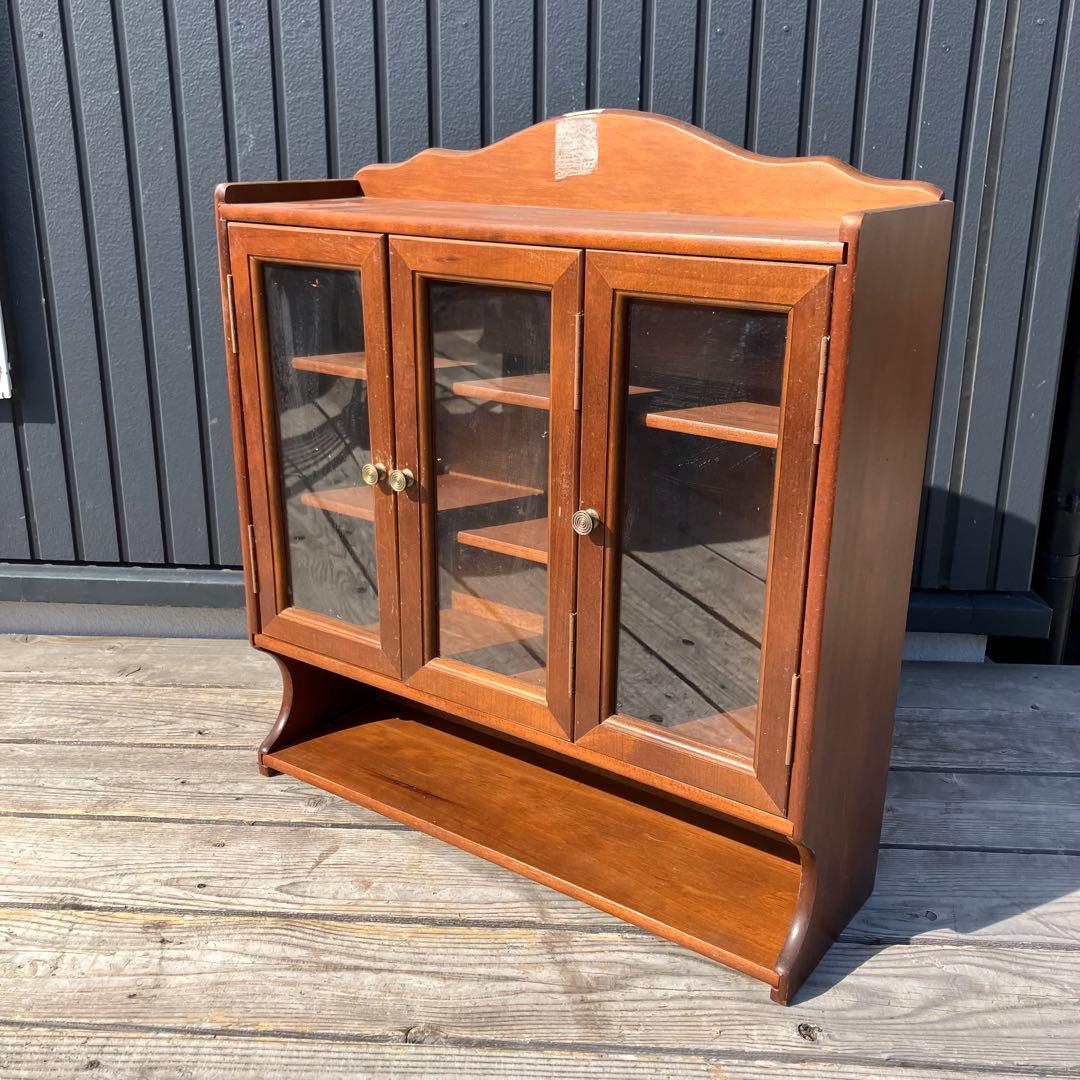 アンティーク 木製ガラス観音開き扉キャビネット 壁掛けラック コレクションケース