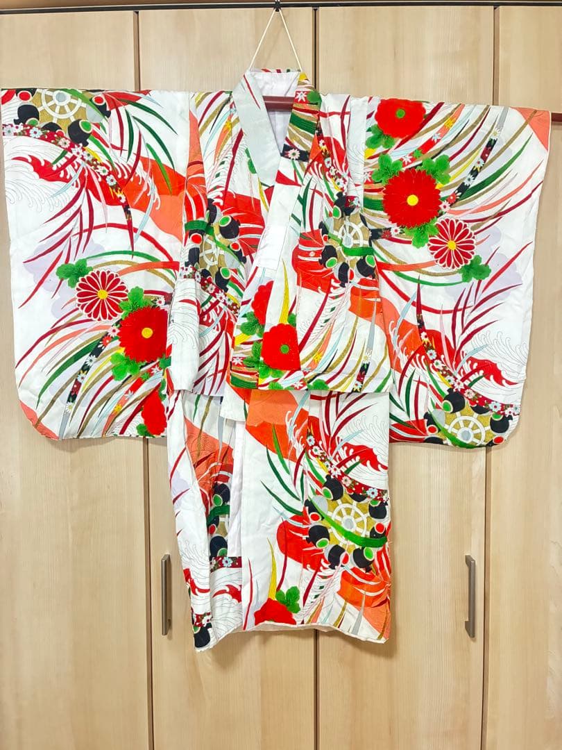 七五三 女の子 着物セット 白地 菊柄 流水模様