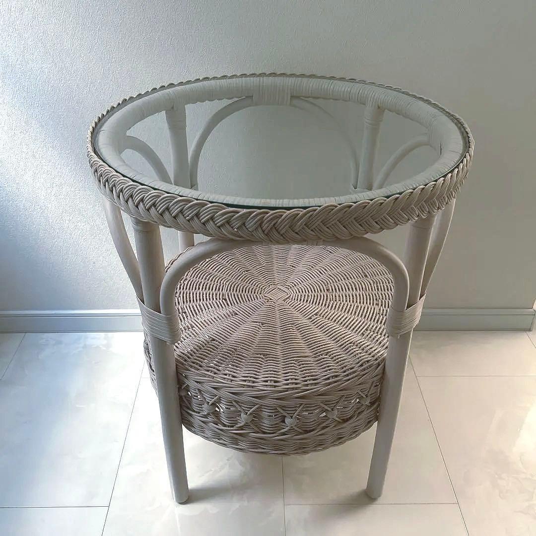 円形ラタンサイドテーブル ガラス天板付き