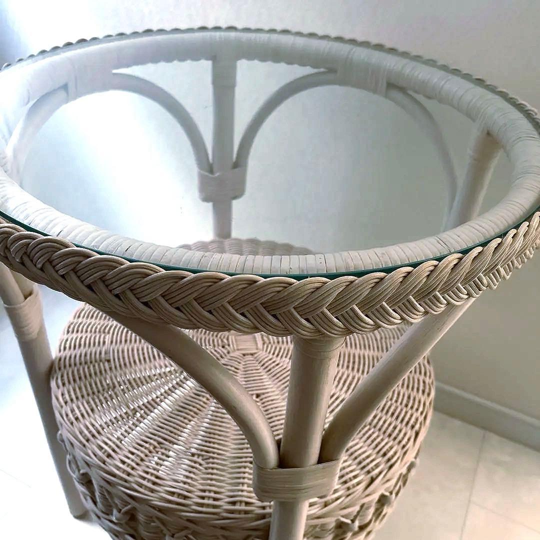 円形ラタンサイドテーブル ガラス天板付き