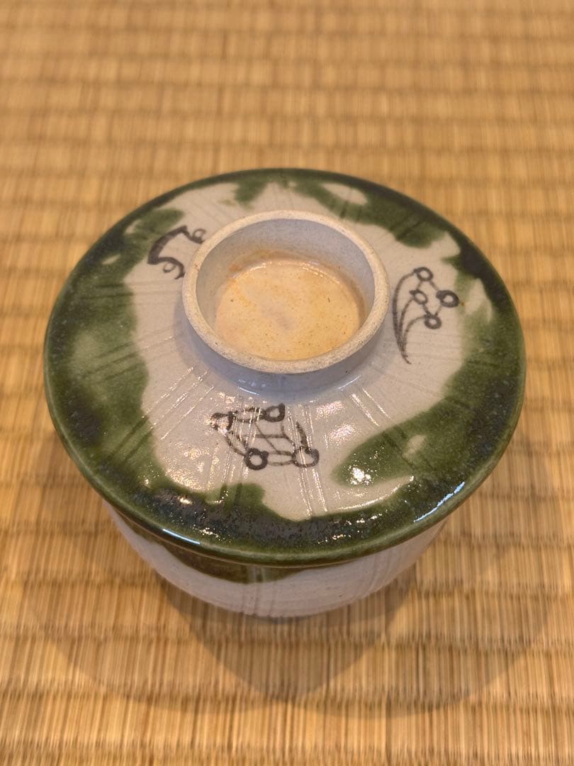 香土園　織部　宝尽くし蓋付蒸茶碗　9客　箱付 / 加藤春鼎