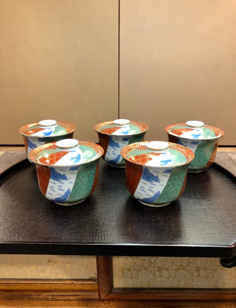 金蘭地紋山水小蓋物　5個セット　有田焼　蓋付小鉢