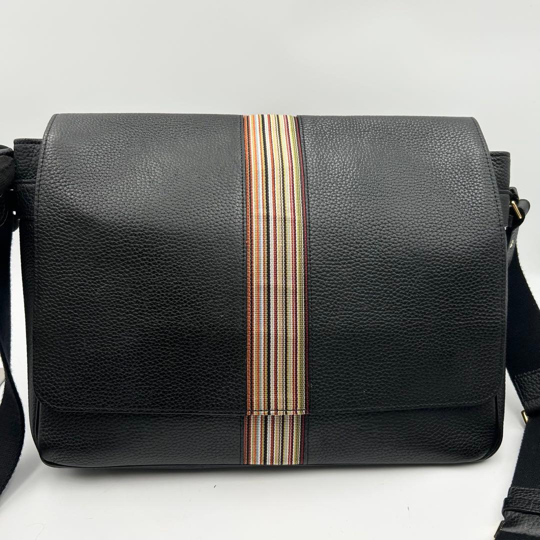 ポールスミス ショルダーバッグ メッセンジャー マルチストライプ シボ革 黒