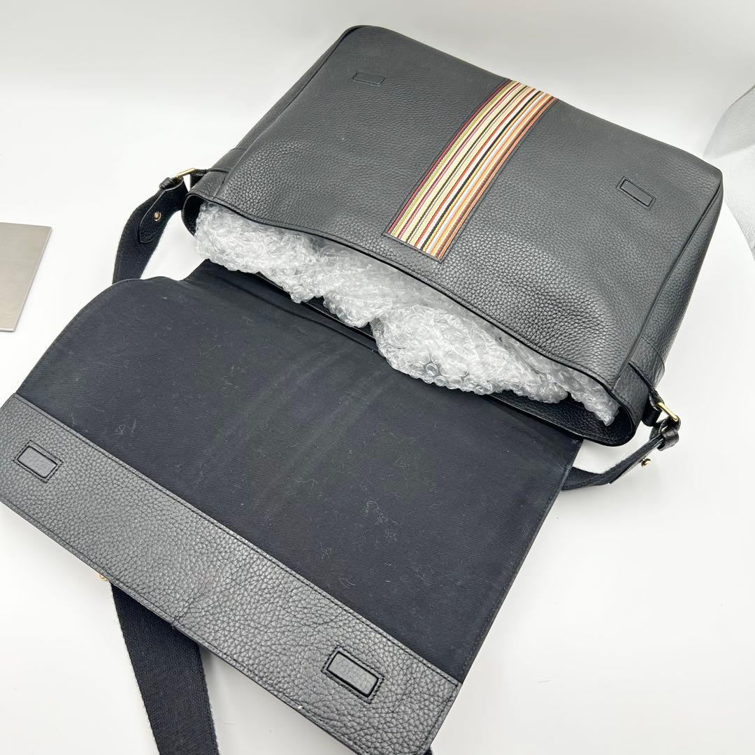 ポールスミス ショルダーバッグ メッセンジャー マルチストライプ シボ革 黒