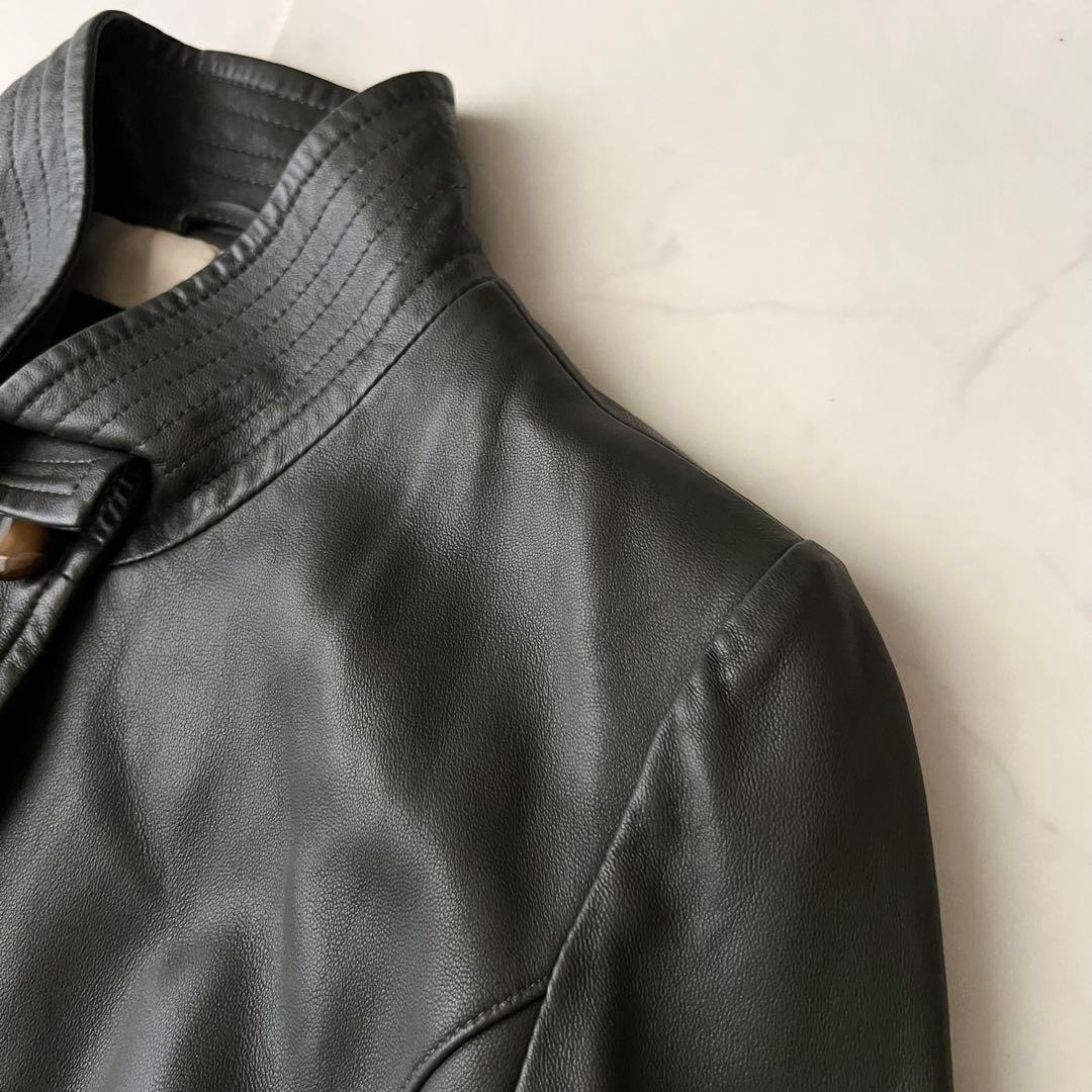 BALMAIN バルマン レザーロングコート モスグリーン 11号 ラムレザー