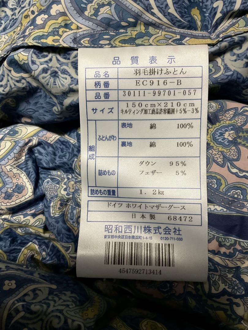 【最高級】西川　ホワイトマザーグース95％ 羽毛布団　シングル