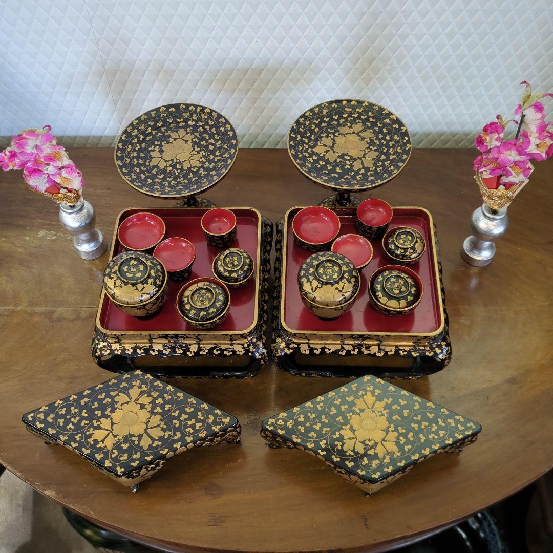 骨董　雛道具　お雛様　ひな祭り　木製　漆器　一式　金彩　木箱