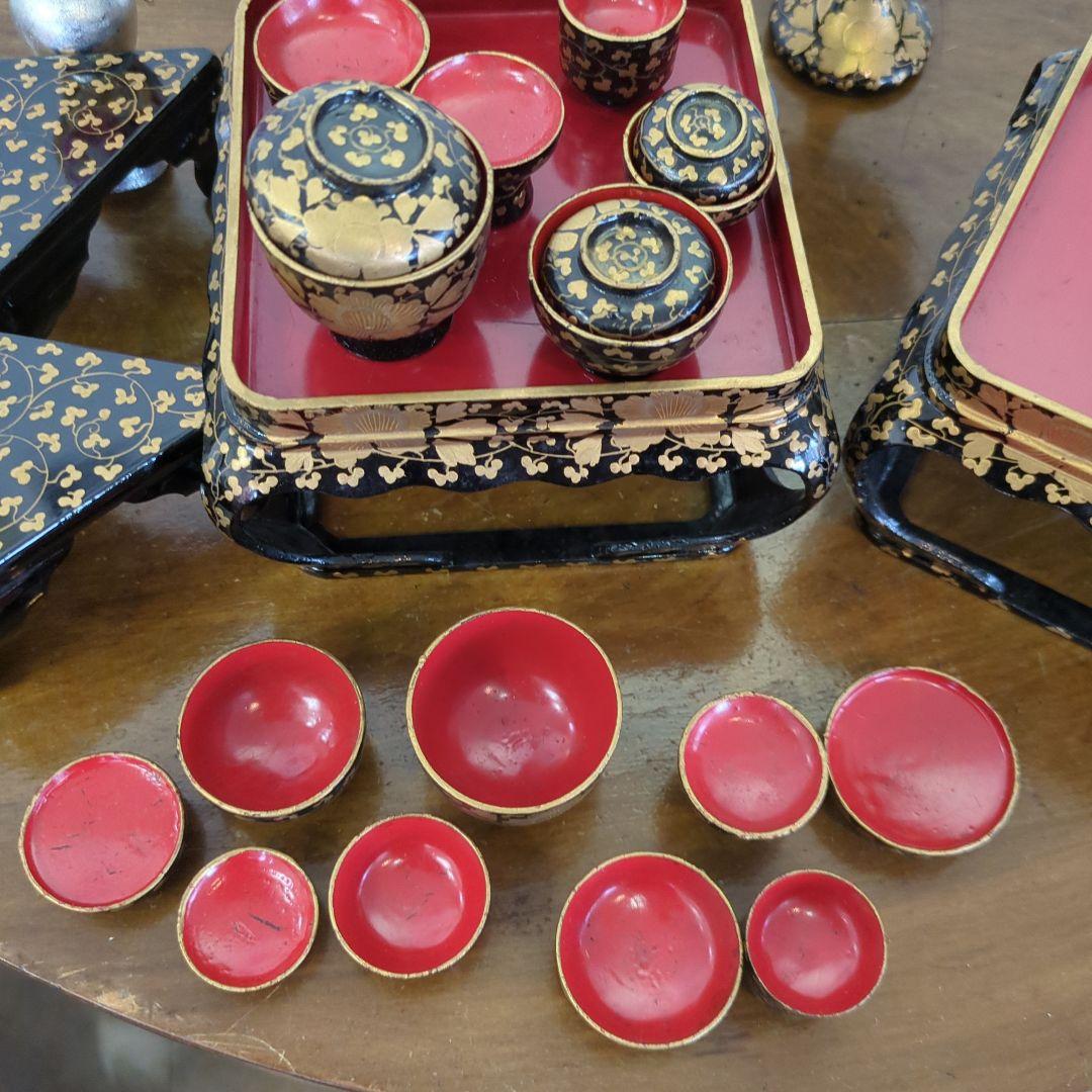 骨董　雛道具　お雛様　ひな祭り　木製　漆器　一式　金彩　木箱