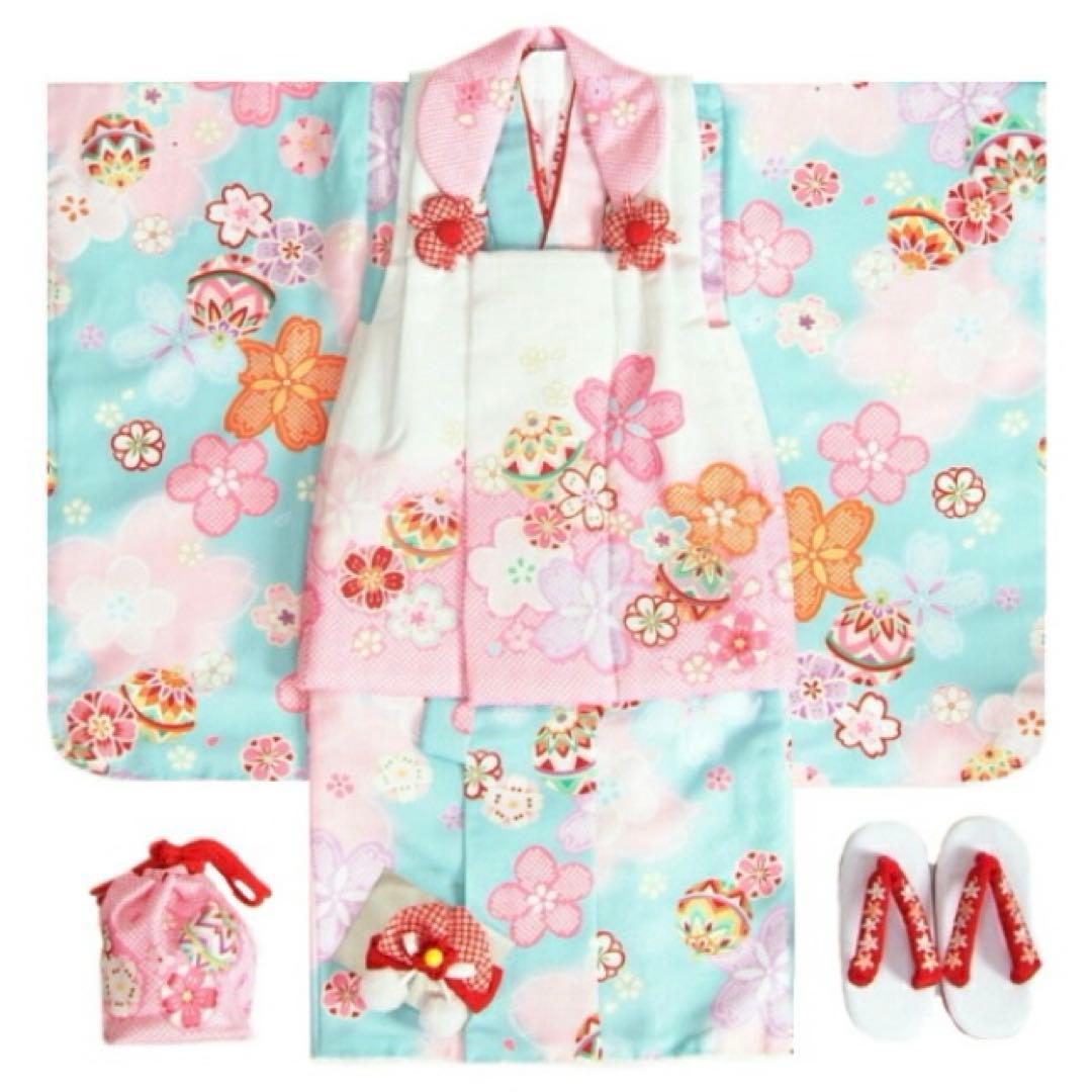 七五三　水色着物 桜模様　鞠ピンク
