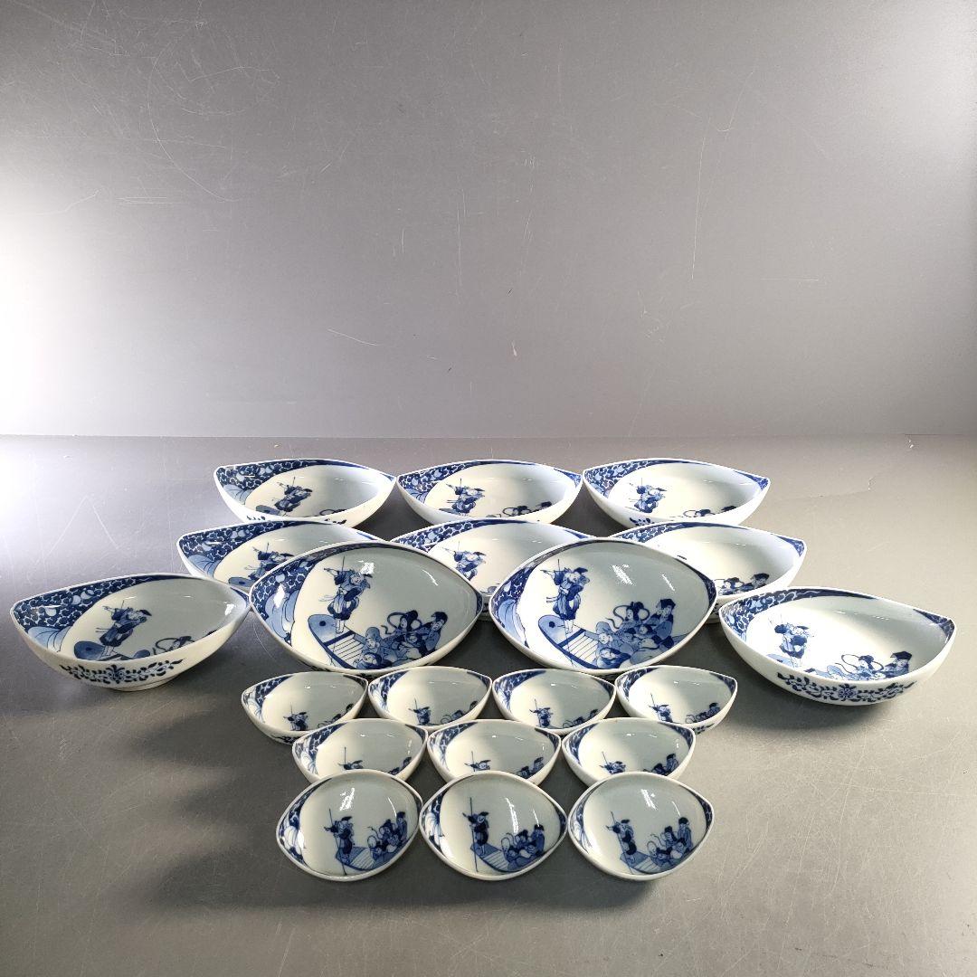 A1284-4/三川内焼/平戸嘉久正窯/染付人物文銘々皿 大10客・小10客/