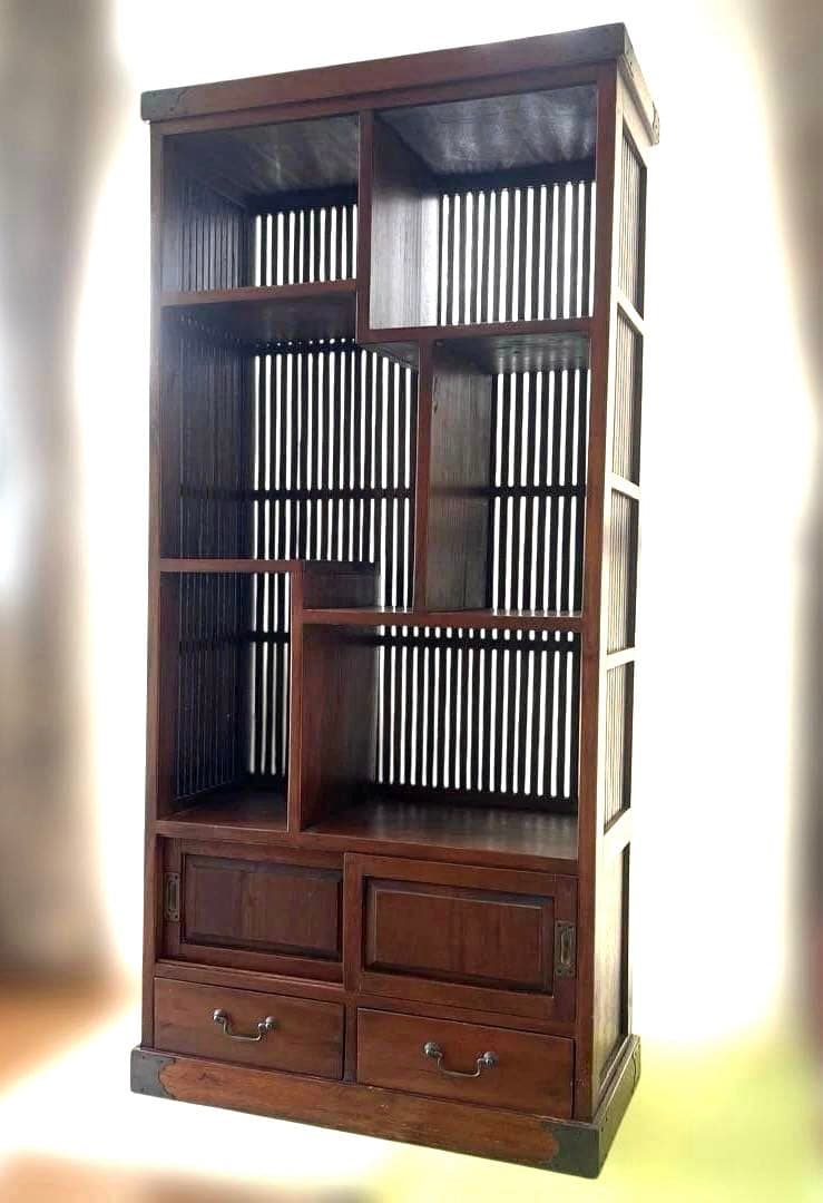 和風 アジアン 飾り棚 茶箪笥 アンティーク 古道具 キャビネット 格子デザイン