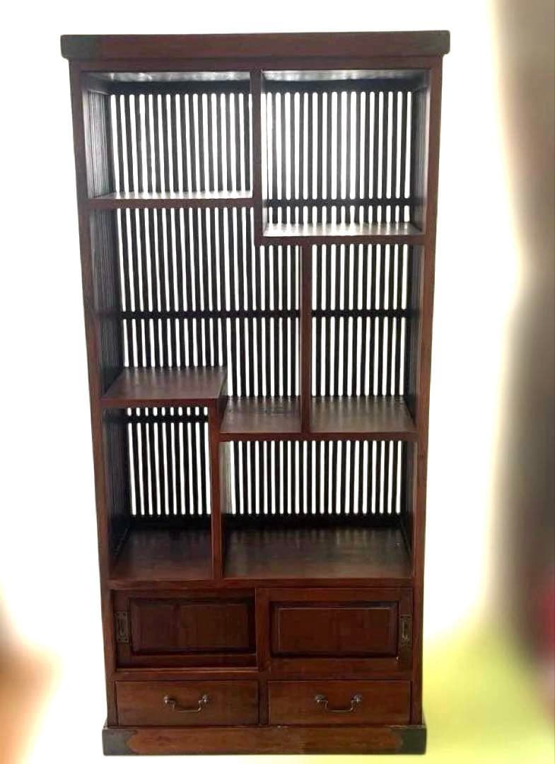 和風 アジアン 飾り棚 茶箪笥 アンティーク 古道具 キャビネット 格子デザイン