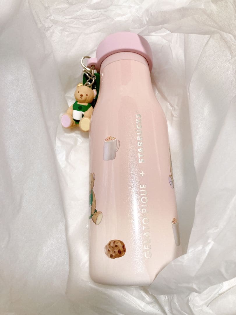 ジェラピケ スタバ　リッドカバーベアチャーム付きステンレスボトル ソフトピンク
