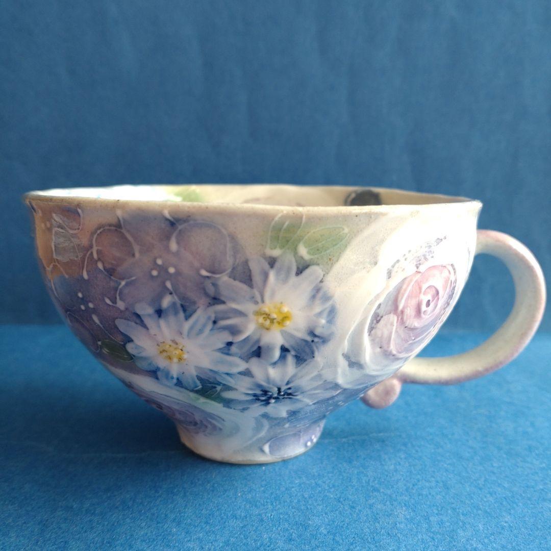 ゆずりは工房　カップ＆ソーサー　青彩ローズ　薔薇　花柄　陶器　瀬戸焼