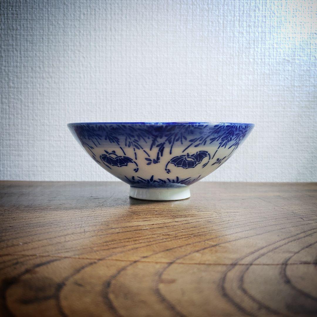 茶碗 ご飯茶碗 染付 印判 希少 コウモリ 大正 昭和初期 貫入