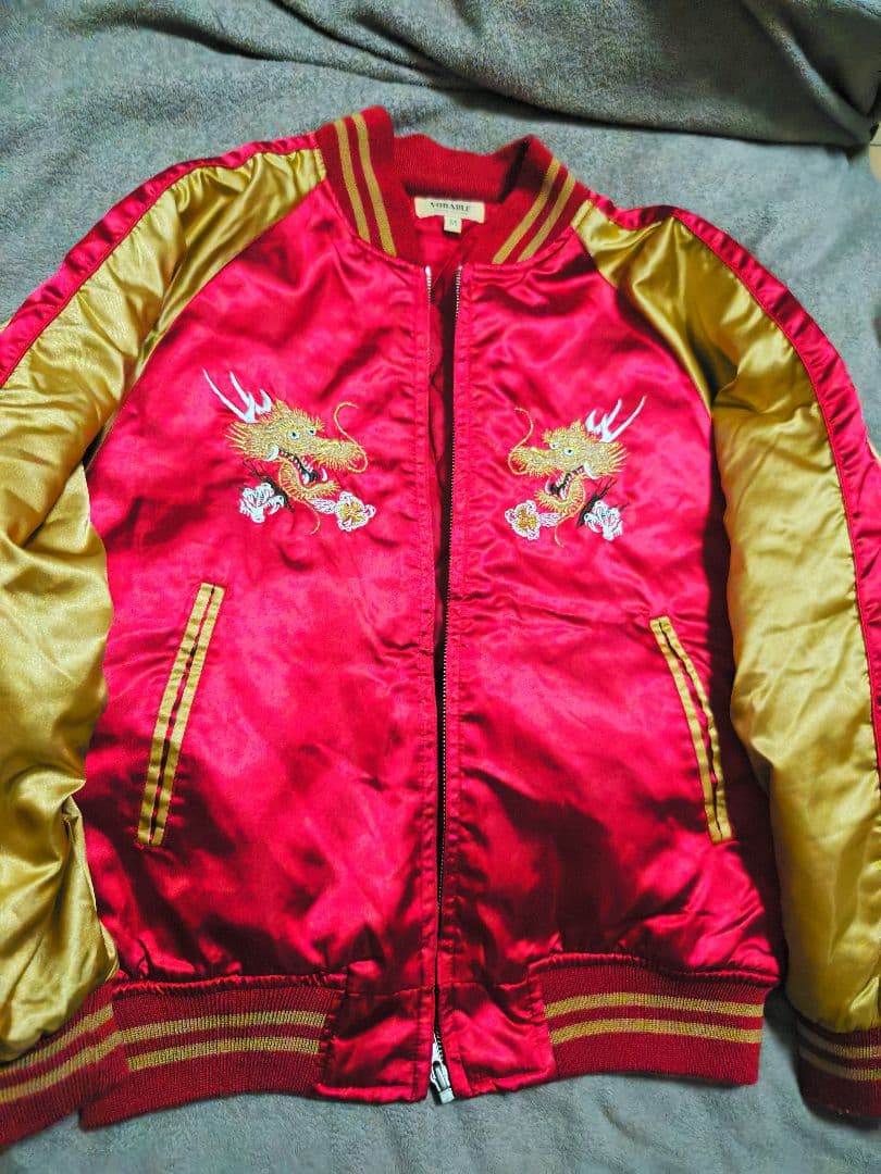 VORABLE 日本 限定 スカジャン 赤金 龍刺繍 unisex サテン