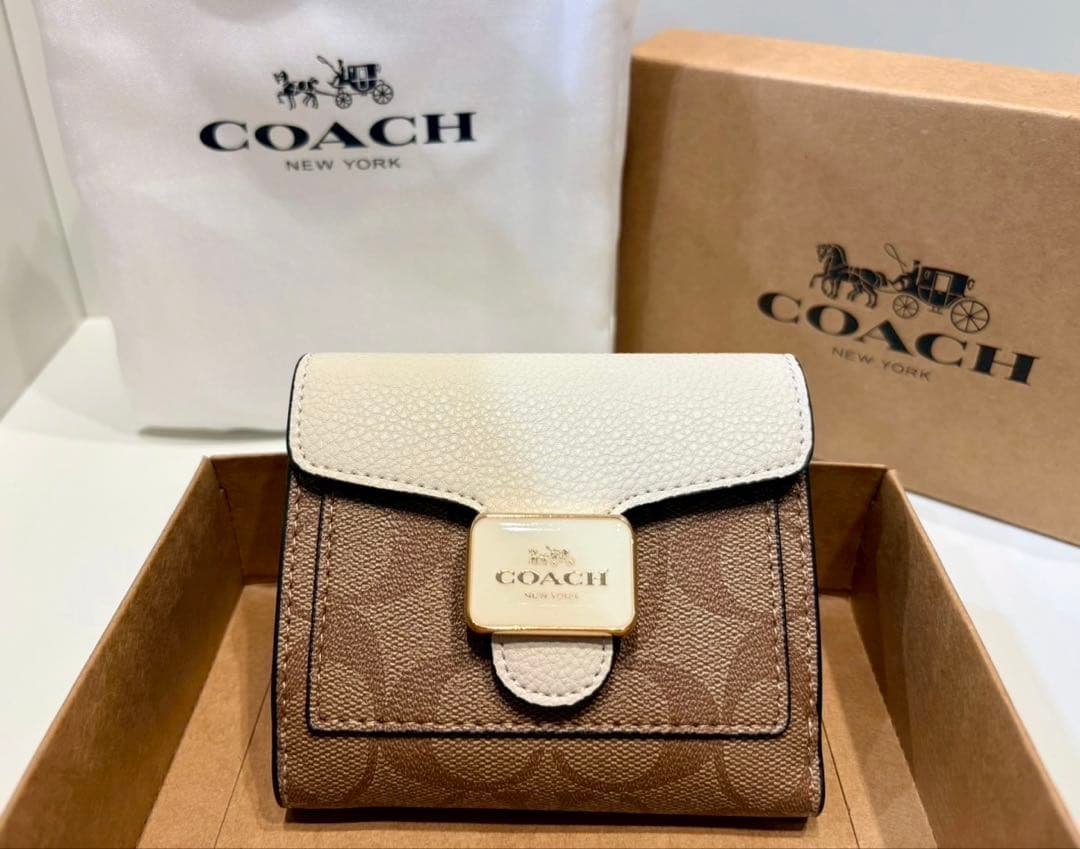 COACH 二つ折り財布 ブラウン/ホワイト　c7805