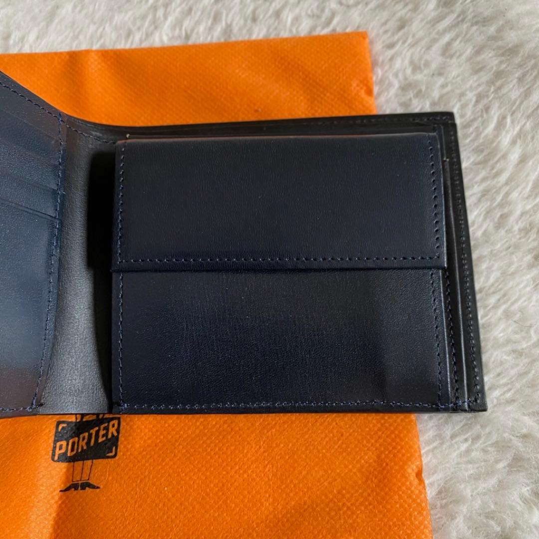 【美品】　ポーター　PLUME 二つ折り財布　本革　ネイビー　メンズ　レザー