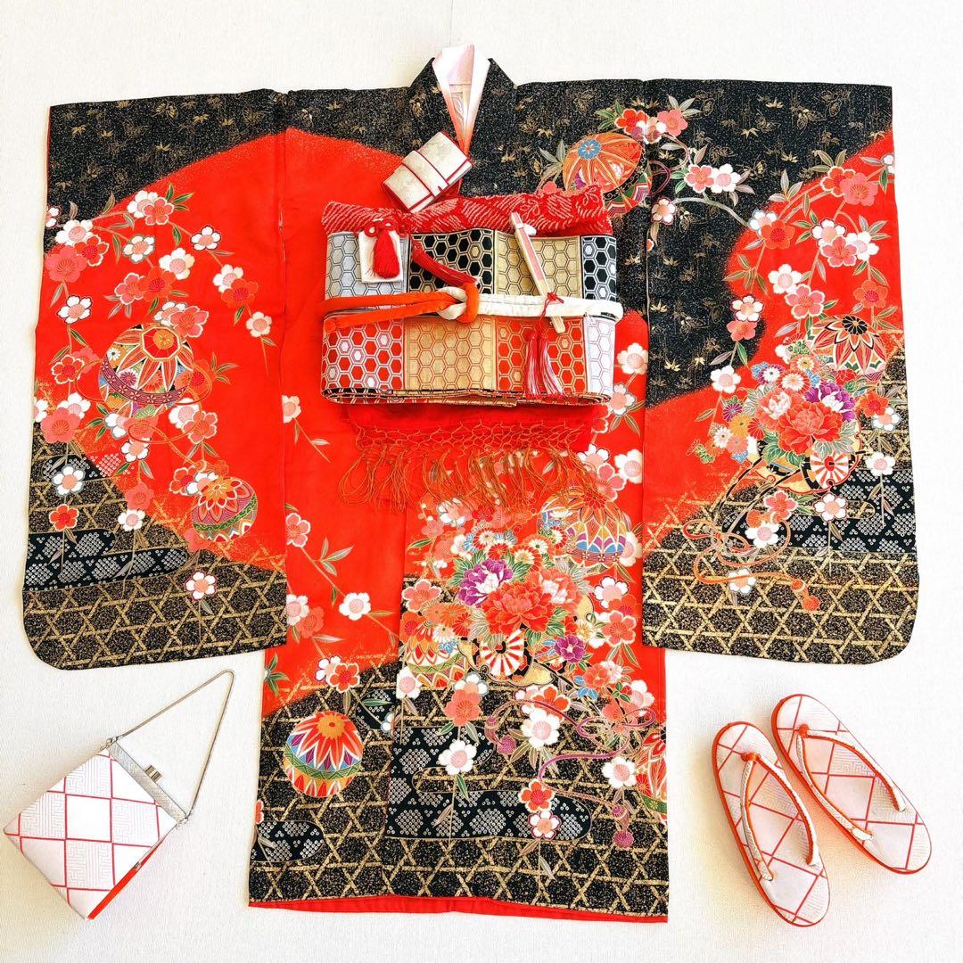 七五三　７歳　女の子　フルセット　赤×黒　毬　小物セット　61221