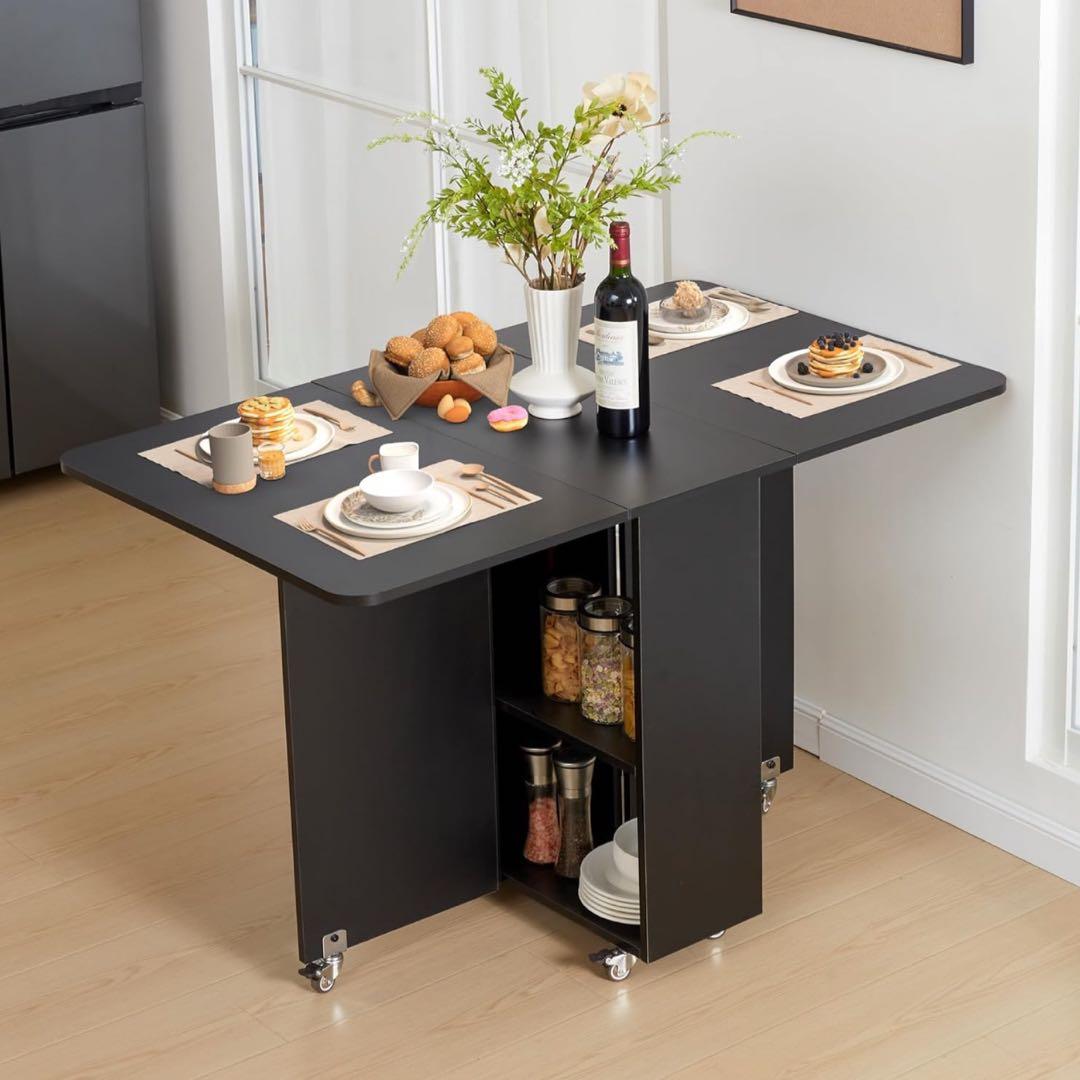 ダイニングテーブル 折りたたみ式 ドロップリーフダイニングテーブル 収納付き 黒