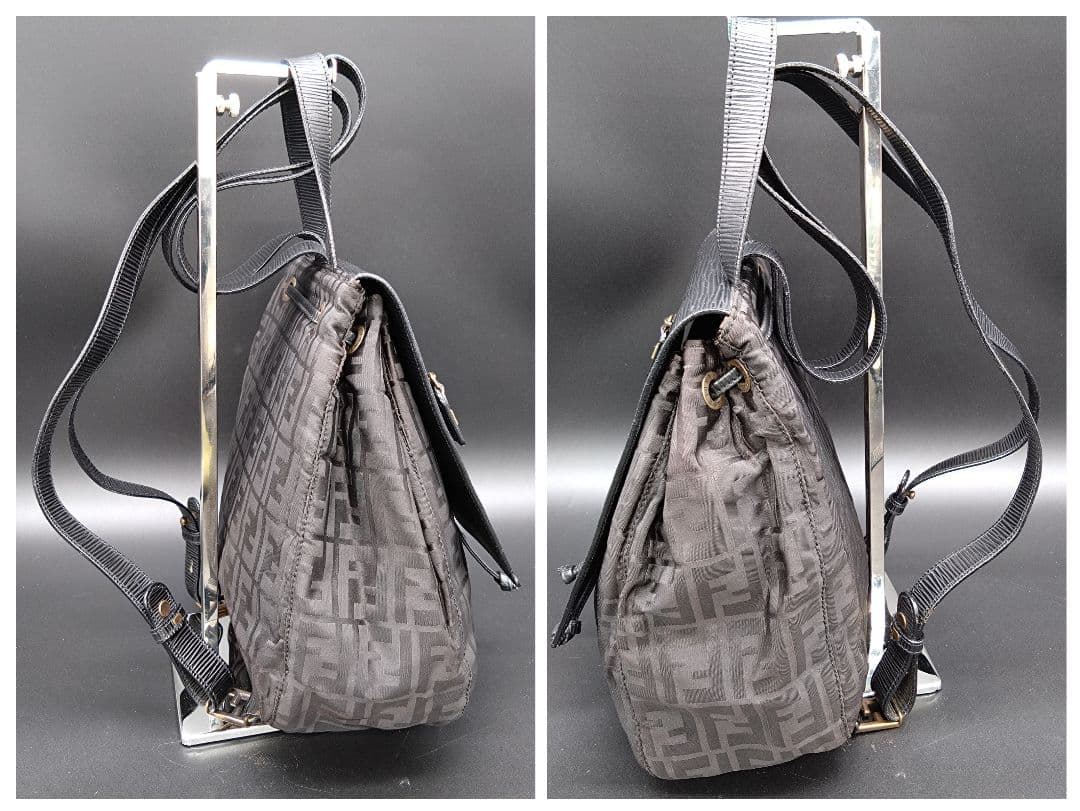 FENDI リュックサック ズッカ柄 肩掛け ナイロン レザー ブラック