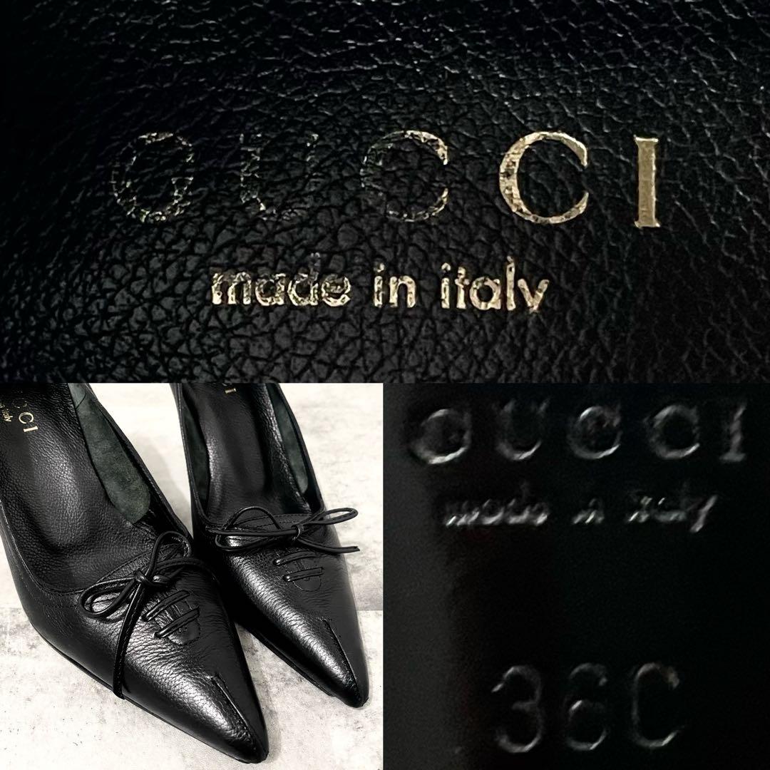 GUCCI グッチ リボン ヒール パンプス レザー シボ バレエコア 36 黒