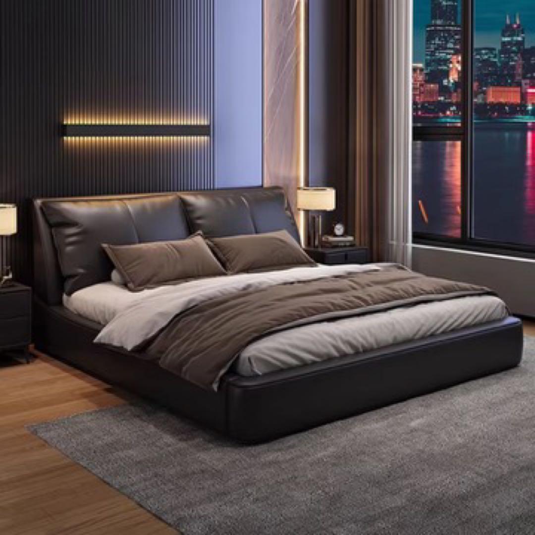 ラグジュアリー ベッド クイーンサイズ ブラックレザー デザイナーズ