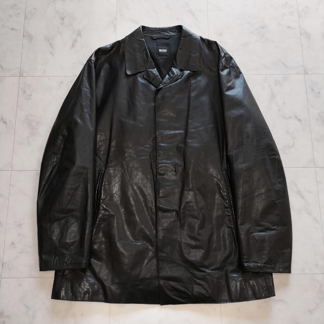BOSS ヒューゴボス レザーカーコート 48 カーフスキン ザージャケット 黒