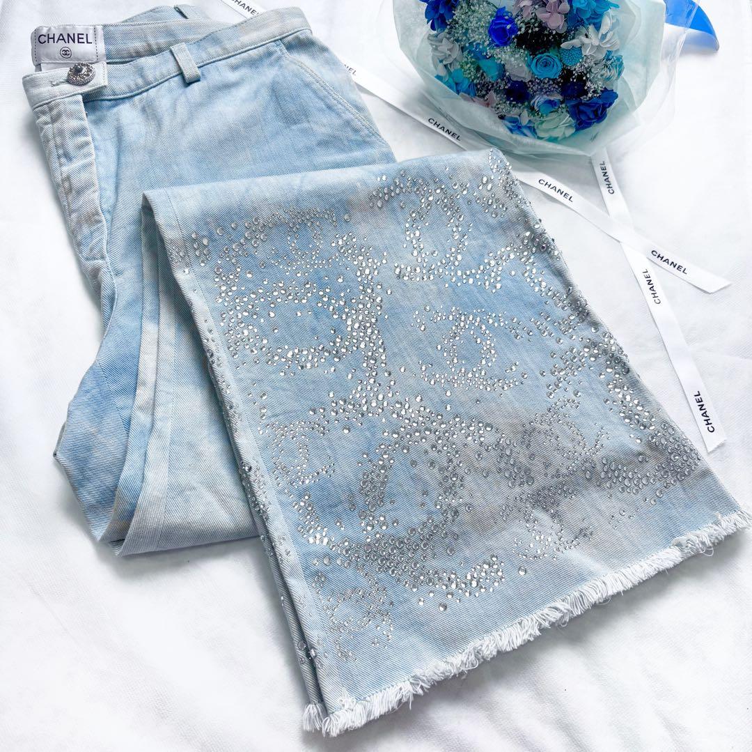 CHANEL デニムパンツ ラインストーン装飾 ココマーク グリポアボタン 40