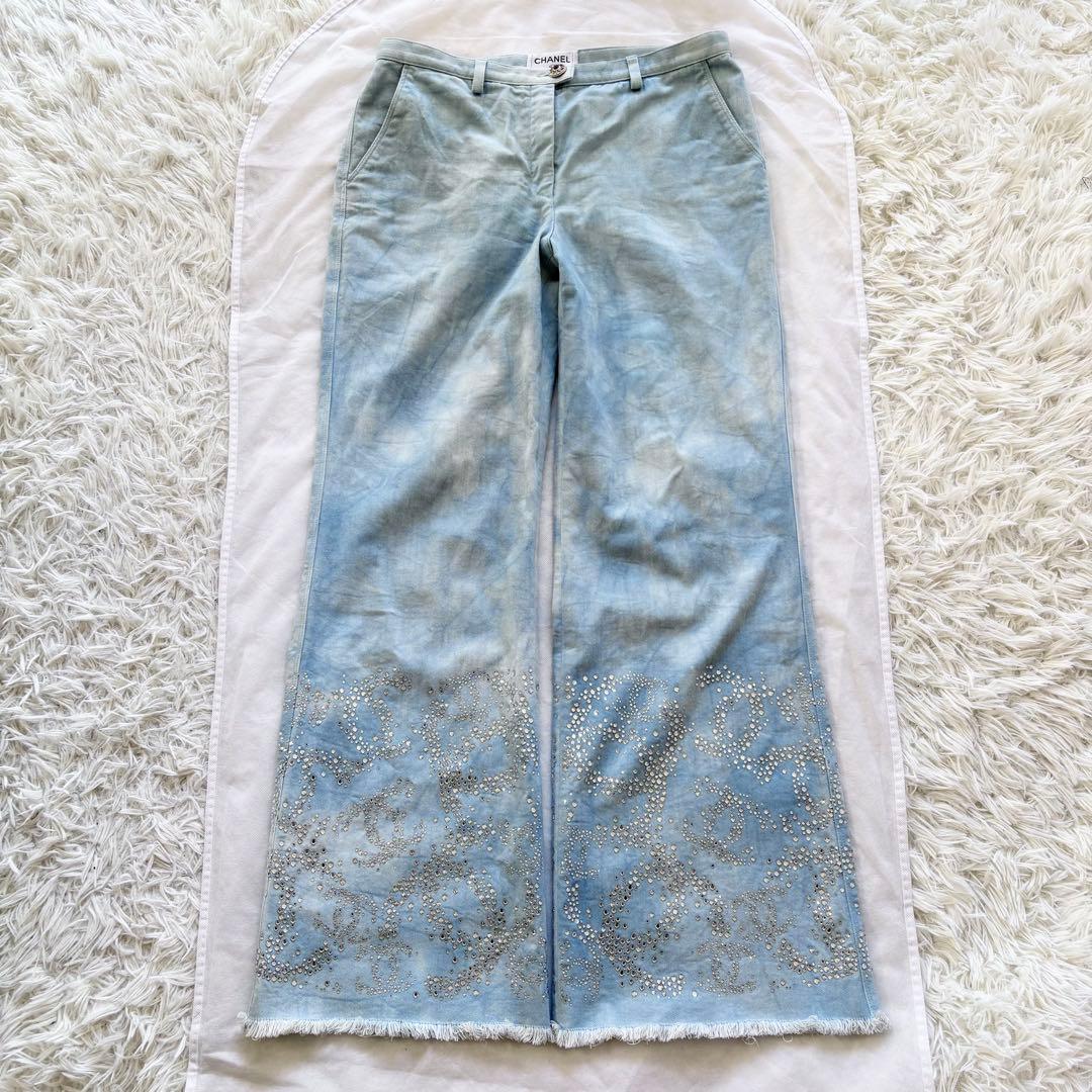 CHANEL デニムパンツ ラインストーン装飾 ココマーク グリポアボタン 40
