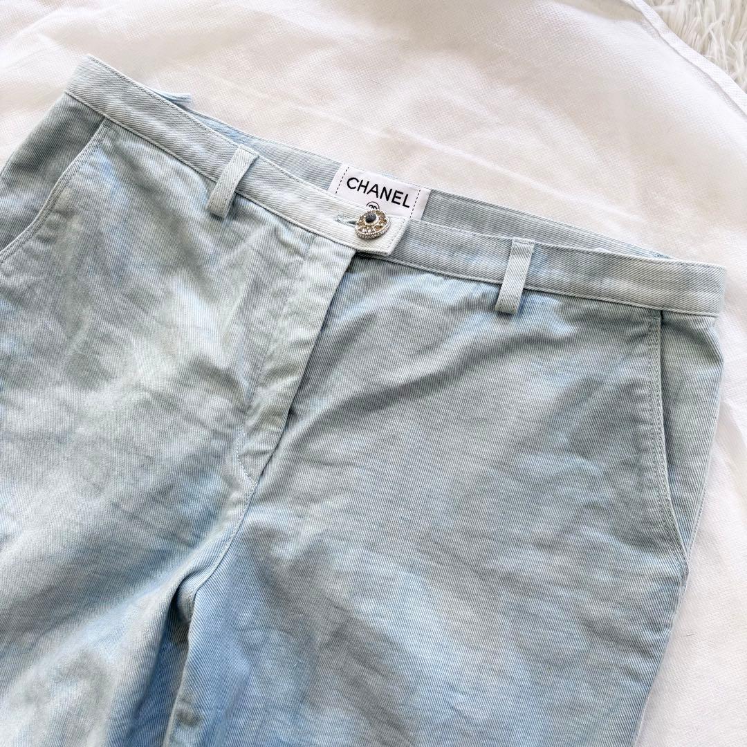 CHANEL デニムパンツ ラインストーン装飾 ココマーク グリポアボタン 40