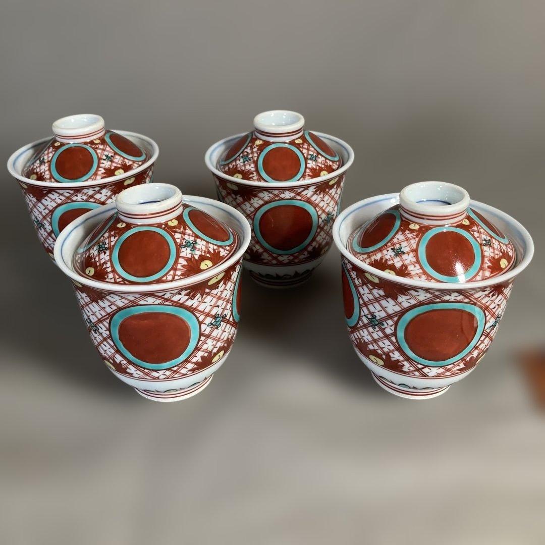 【源右衛門】古伊万里の伝統　日本の名窯　舘林源右衛門作　錦赤絵丸紋　小吸物碗四客