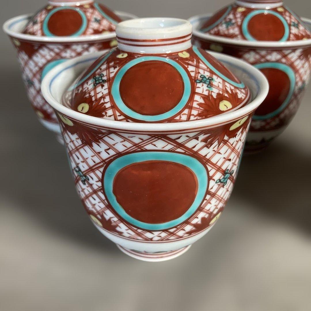【源右衛門】古伊万里の伝統　日本の名窯　舘林源右衛門作　錦赤絵丸紋　小吸物碗四客
