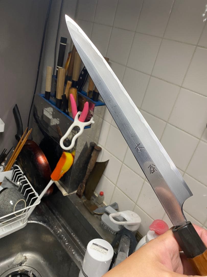 木屋　重房　柳刃包丁　ダマスカス　刃渡り尺一 天然砥石研ぎました。