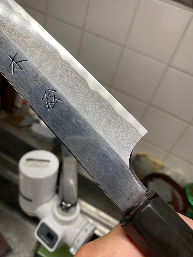 木屋　重房　柳刃包丁　ダマスカス　刃渡り尺一 天然砥石研ぎました。