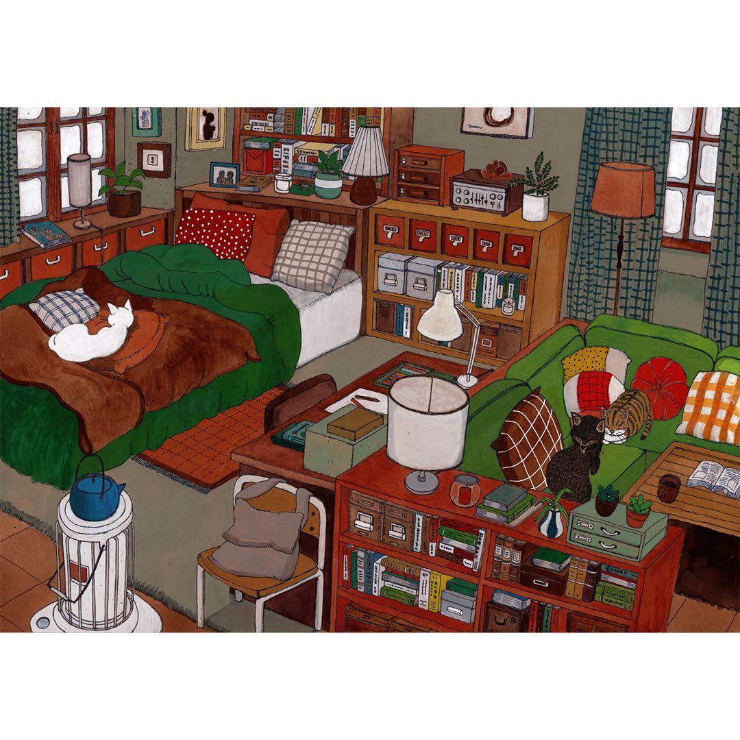 《送料無料》原画「くつろぐ3匹」猫イラスト インテリアアート