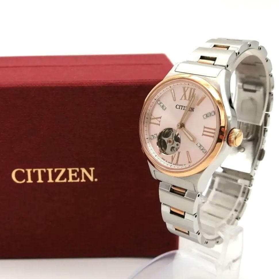 稼働✨シチズン　腕時計　メカニカル　スワロ　オープンハート　シェル文字盤　コンビ